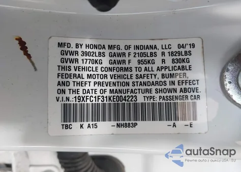2019 Honda Civic Ex from USA, damaged, VIN 19XFC1F31KE004223